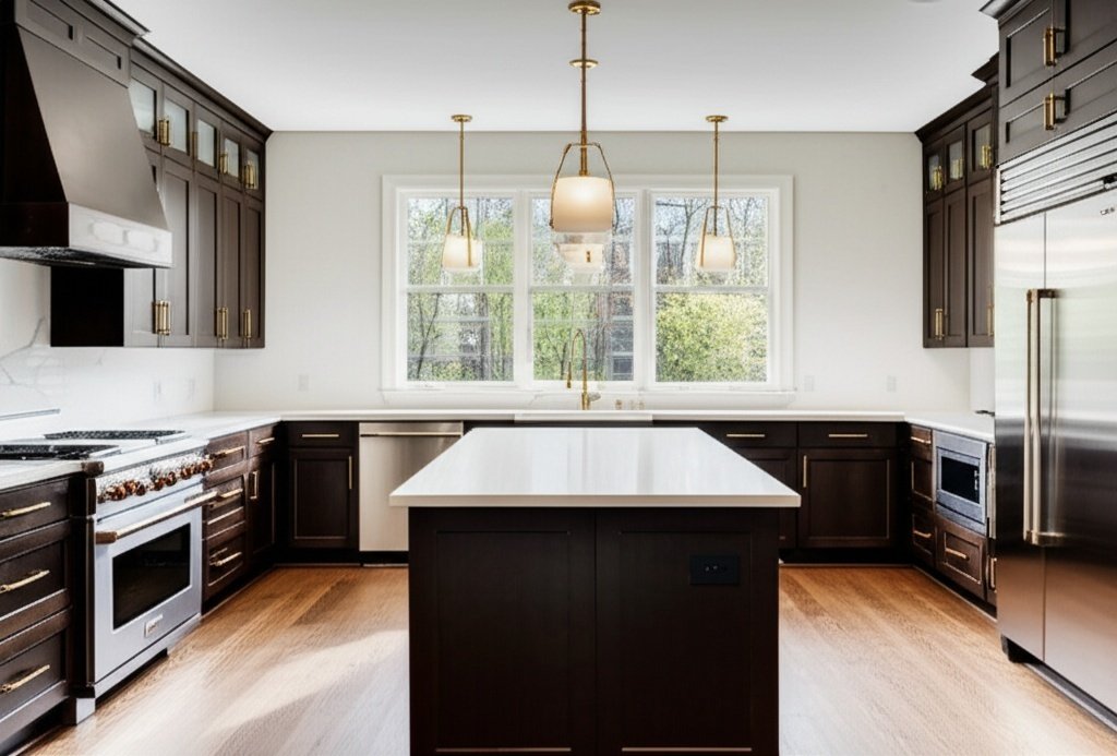 Luxurious modern kitchen remodel in La Porte with white quartz countertops and gold hardware